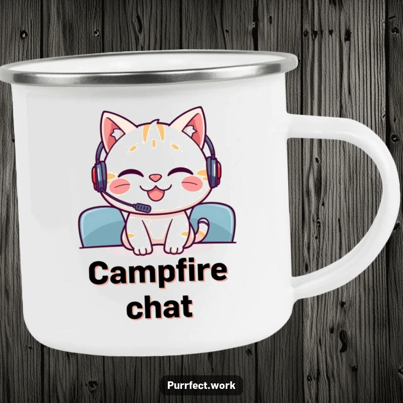 Funny camping mug with a grinning cat wearing a headset, ready for virtual meetings, ideal for remote workers.