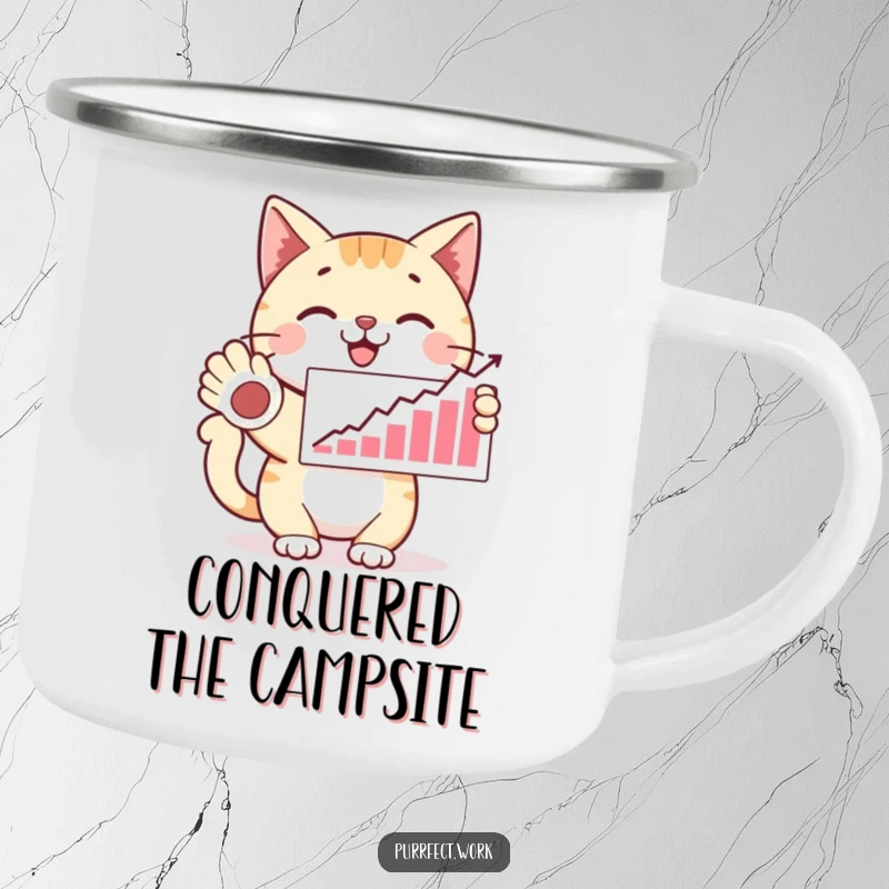 Funny happy cat presenting a graph with a paw, looking proud, a durable and humorous camping mug for a funny gift.