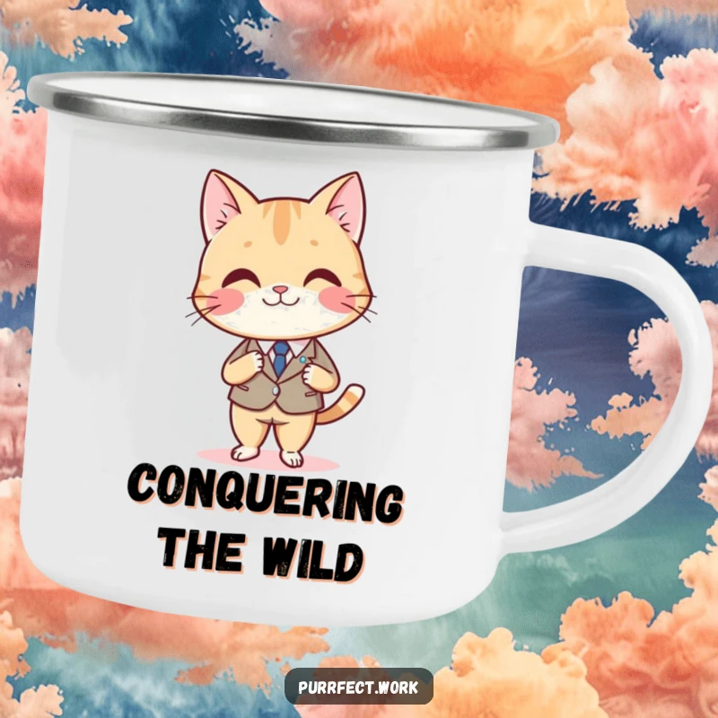 Funny camping mug with a smiling cat in a suit, sitting at a desk and crossing legs, designed for outdoor authority.