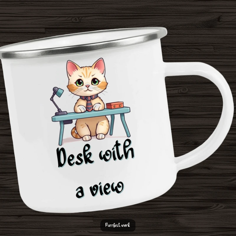 Funny camping mug featuring a cat in a tiny tie, sitting at a miniature desk, bringing office charm to outdoor excursions.
