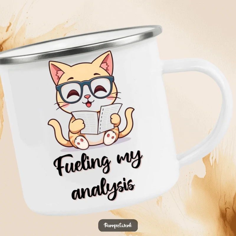Funny Cat Camping Mug: A sharp cat with glasses reads a spreadsheet, ready for outdoor adventures with a humorous twist.