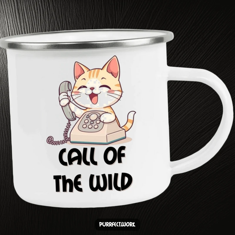 Funny enamel camping mug with an excited cat answering a ringing phone, designed for social outdoor enthusiasts.