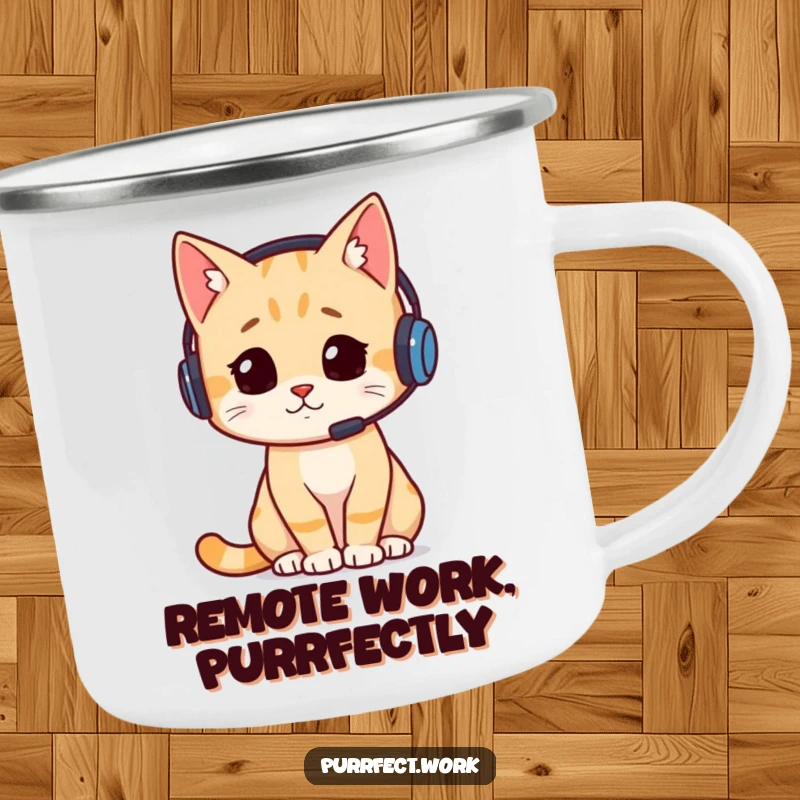 Funny camping mug featuring a cat wearing a headset and looking busy, perfect for enjoying coffee or tea on any outdoor adventure.