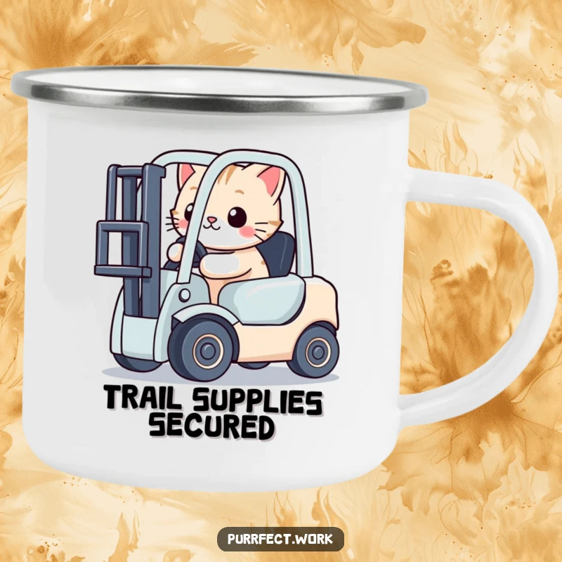 Funny cat driving a tiny toy forklift on a durable camping mug, ready for outdoor adventures and laughs.