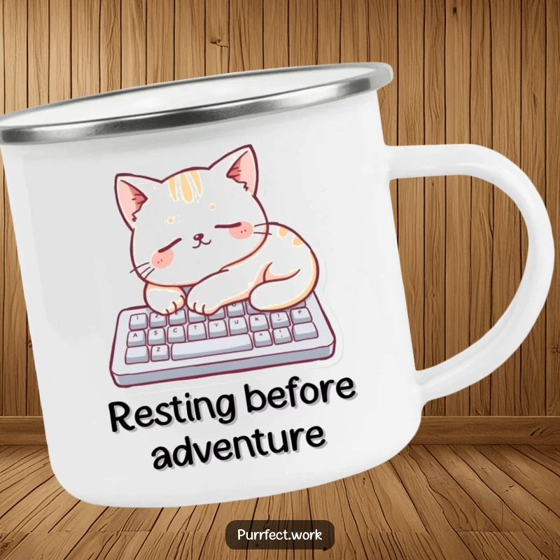 Funny cat sleeping on a small keyboard on a durable camping mug, perfect for enjoying brews outdoors.