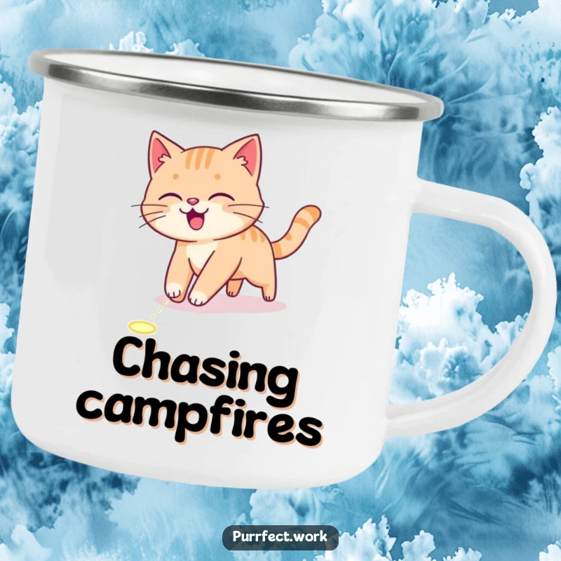 Funny Camping Mug with an energetic cat chasing a laser pointer dot, designed for durability and outdoor fun.