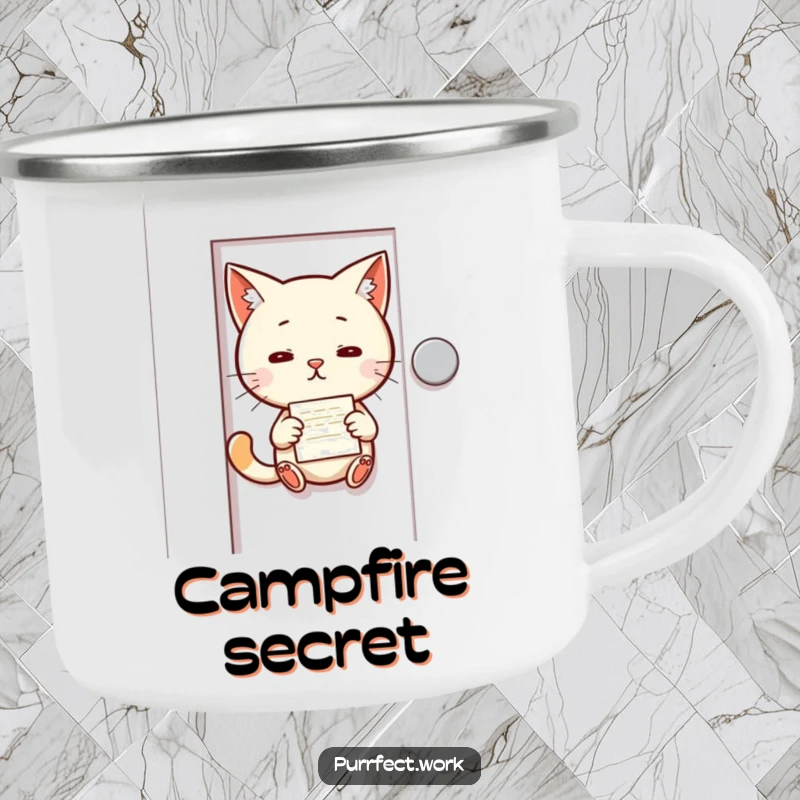 Funny camping mug with a mischievous cat slipping a memo under a door, for outdoor enthusiasts with a playful secret.