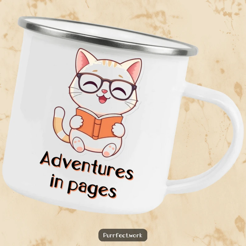 Funny Cat Reader Camping Mug: A cat wearing glasses reads a tiny book, designed for outdoor use.