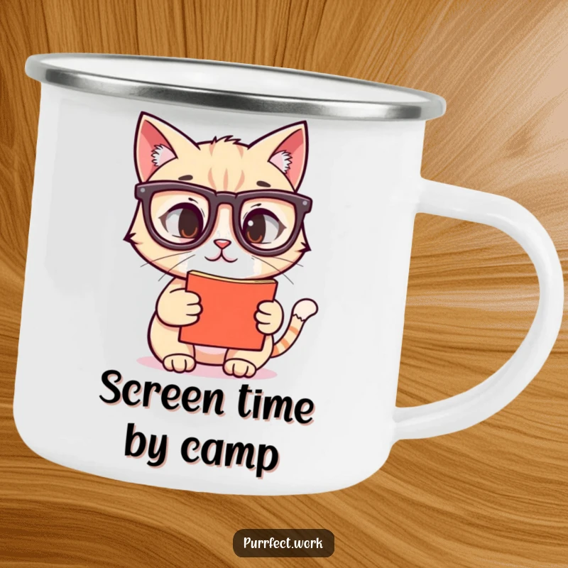 Funny camping mug with a cat wearing reading glasses, staring at a screen, ideal funny gift for outdoor lovers.