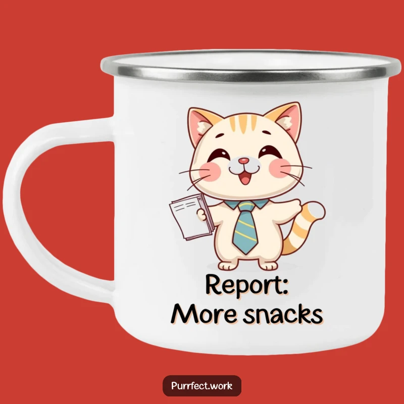 Funny Cat Tie Camping Mug: Happy Business Cat Presenting Papers, Outdoor Office