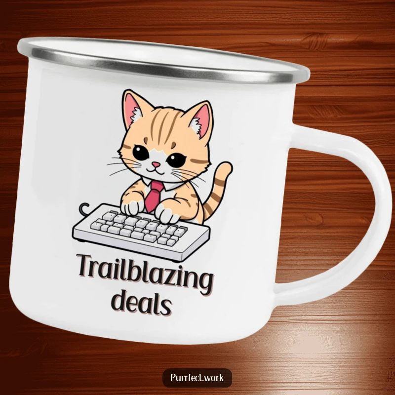 Funny enamel camping mug with a cat wearing a tie, typing on a keyboard, designed for outdoor humor and cat fans.