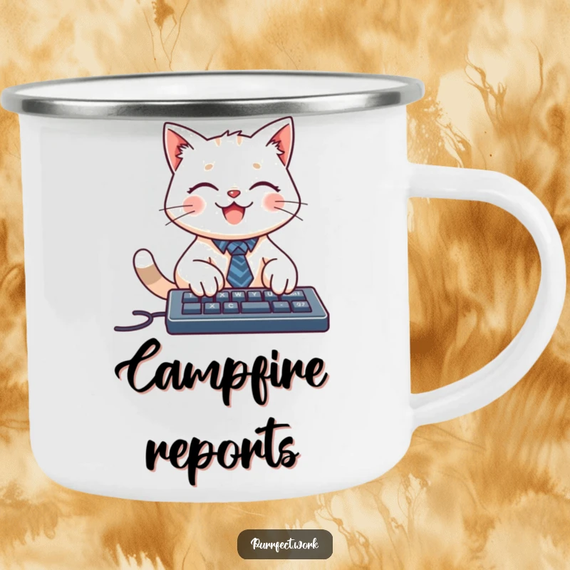 Funny camping mug featuring a smiling cat character wearing a tiny tie, typing on a keyboard, perfect for professional outdoor enjoyment.