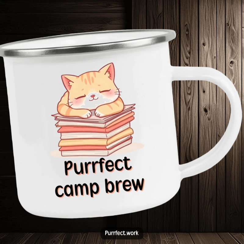 Funny content cat camping mug showing a cat asleep on documents, perfect for outdoor enthusiasts who appreciate humor.