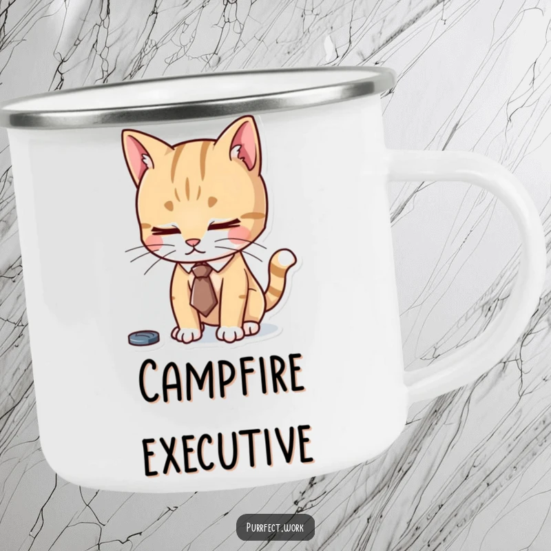 Funny camping mug with a cat wearing a tiny tie, diligently focused, perfect for enjoying a hot beverage during outdoor work or relaxation.