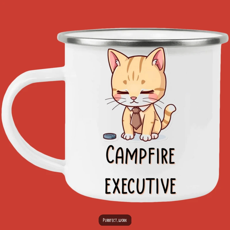 Funny Focused Cat Tie Camping Mug - Diligent Campfire Feline Work