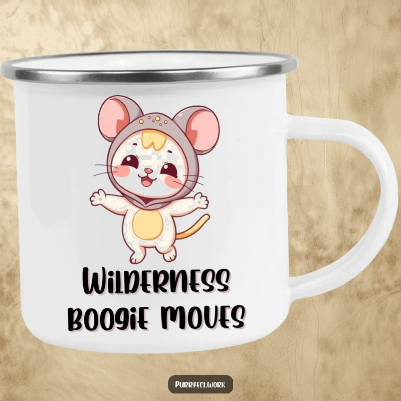 Funny Mouse Cat Camping Mug: A cat in a mouse costume is dancing, designed for outdoor use.