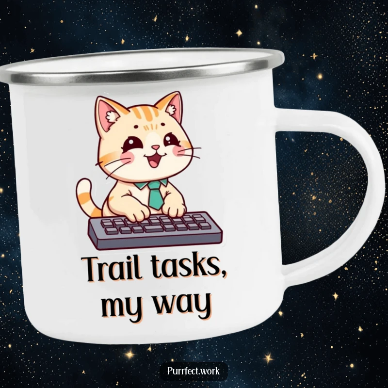 Funny camping mug showing a cat in a tie typing intently on a keyboard, bringing office humor to the campsite.