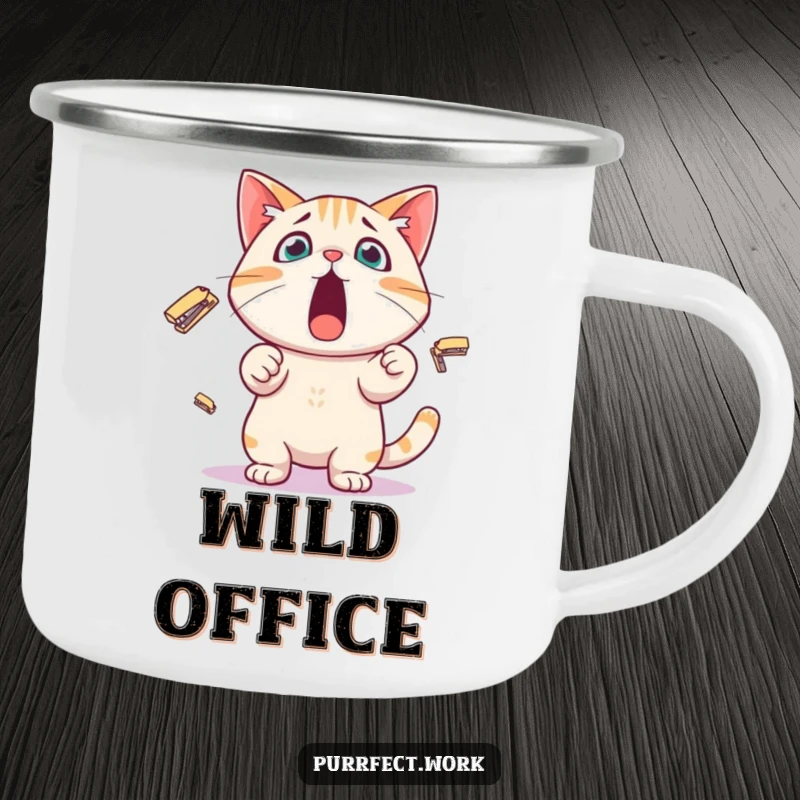 Funny Camping Mug featuring a surprised cat character juggling tiny staplers, durable for adventures and bringing office humor.