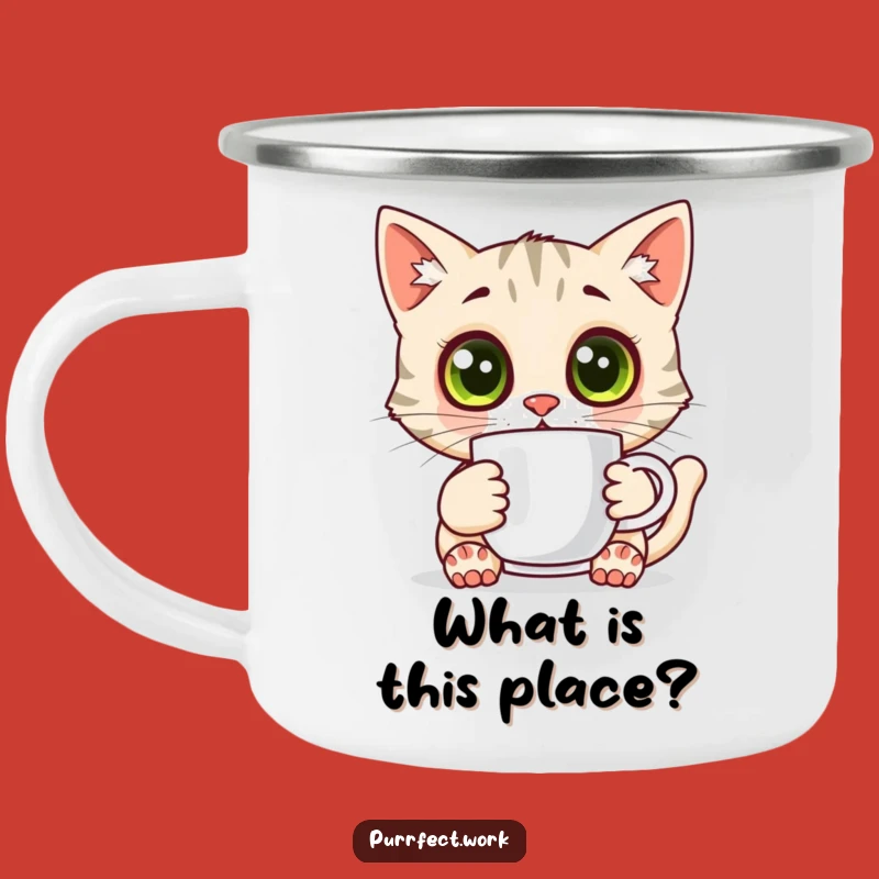Funny Surprised Cat Camping Mug: Hilarious Companion for Unexpected Adventures