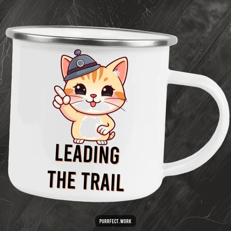 Funny boss cat camping mug, rugged mug with a cat boss pointing at a whiteboard, ideal for outdoor strategizing.