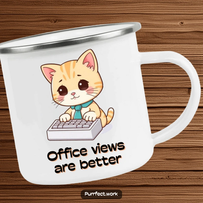 Funny Cat Typist Camping Mug: A cat wearing a tie types on a tiny keyboard, designed for outdoor adventures.