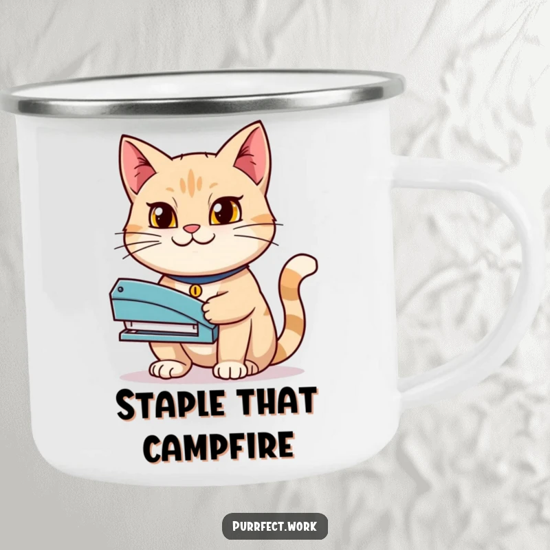 Funny camping mug featuring a determined cat holding a stapler with a grin, embodying ambition and focus in outdoor settings.