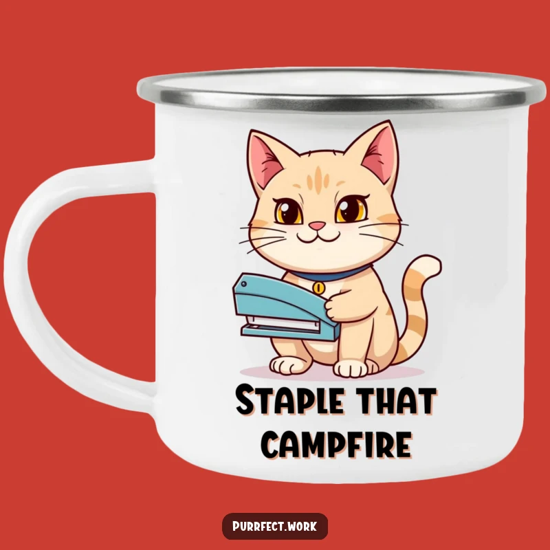 Funny Determined Cat Stapler Camp Mug - Hilarious Outdoor Companion for the Ambitious