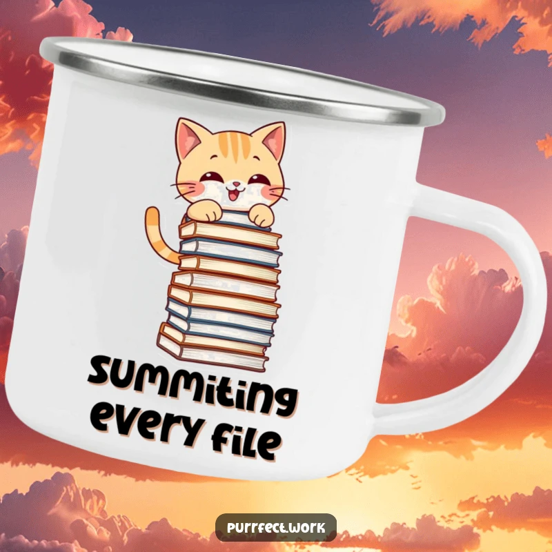 Funny camping mug featuring a mischievous cat grinning while climbing a stack of files, ideal for outdoor enthusiasts.