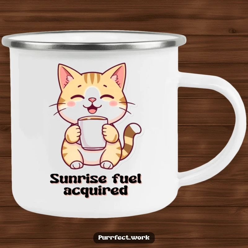 Funny, cheerful cat character holding a small coffee mug on a durable camping mug, perfect for outdoor enjoyment.