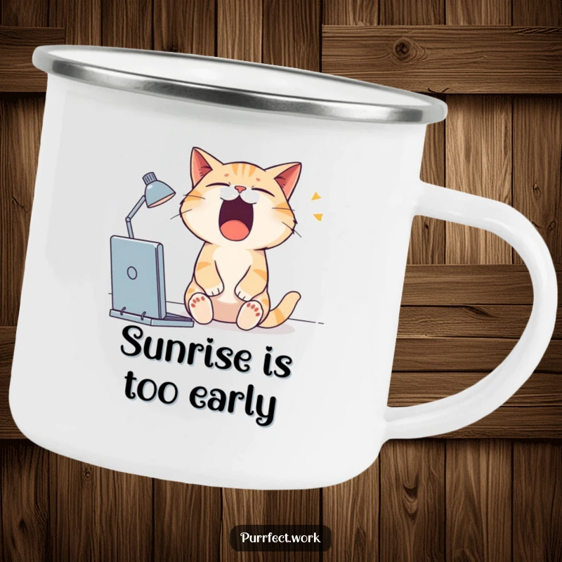 Funny cat camping mug with a sleepy cat yawning widely at its desk, perfect for enjoying coffee outdoors.