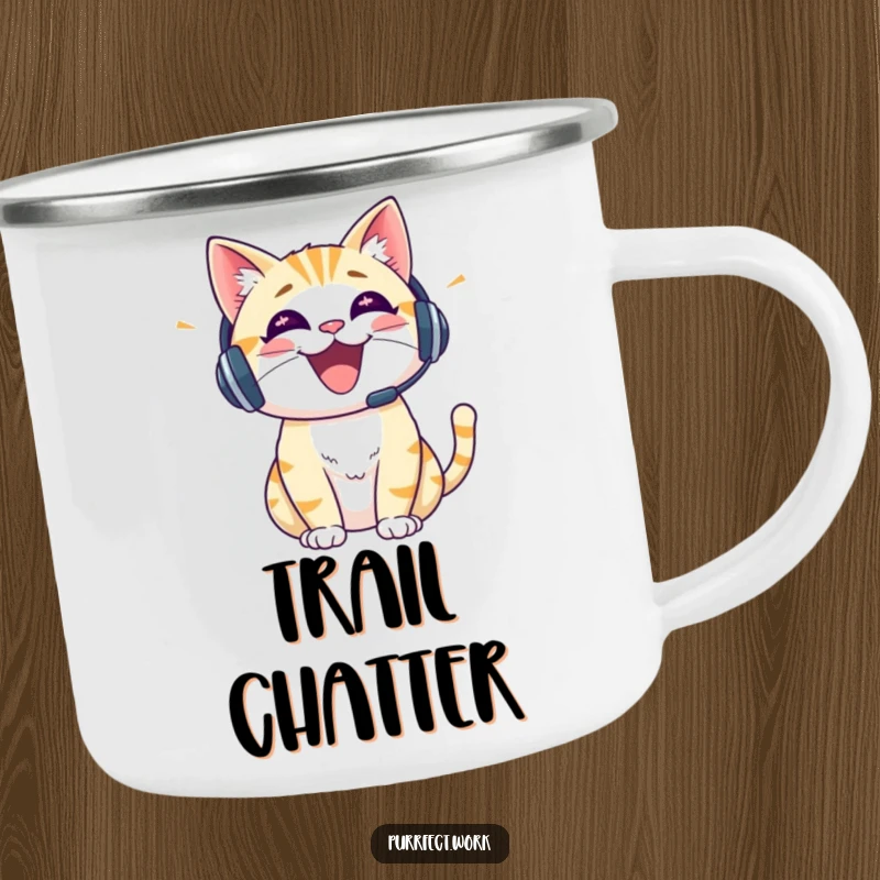 Funny cat with a headset design on a durable camping mug, perfect for bringing cheerful energy to outdoor activities.
