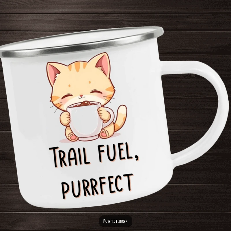 Funny cat camping mug, cute character joyfully sipping from a tiny coffee mug, durable for outdoor adventures and smiles.