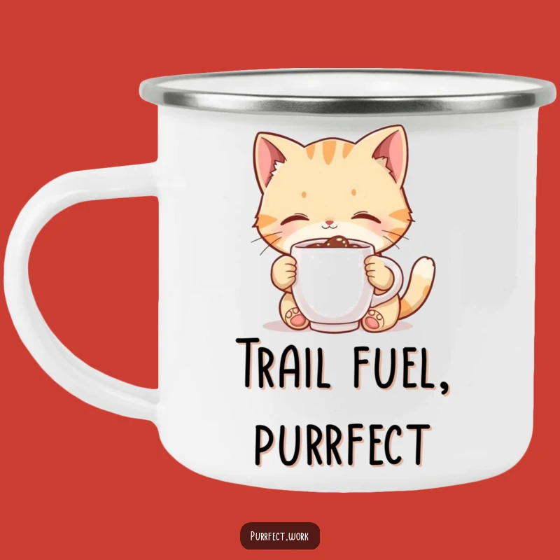 Enjoy your adventures with this funny camping mug, featuring a cute cat character joyfully sipping from a tiny coffee mug. Built for the outdoors and good laughs.