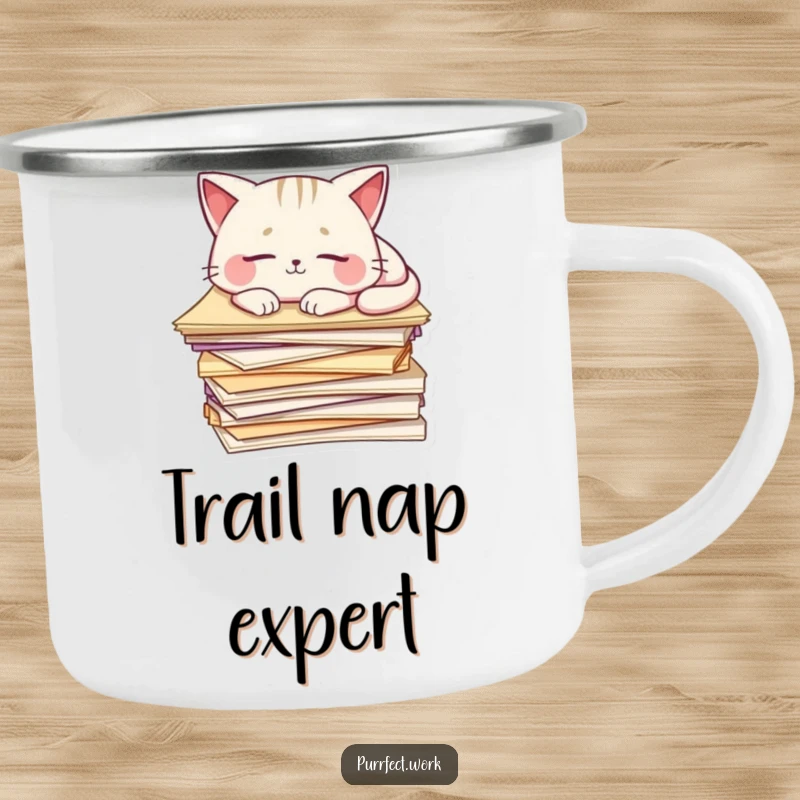 Funny Cat Camping Mug: A cat sleeps on papers, ready for outdoor relaxation with a humorous and cozy twist.