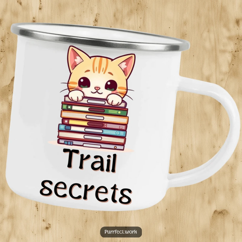 Funny camping mug with a curious cat peeking over office files, ideal for adventurous feline enthusiasts.