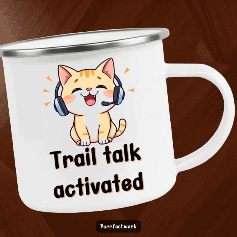Funny cat headset camping mug showing a cheerful cat wearing a headset, talking enthusiastically, perfect for enjoying drinks in a conversational setting.