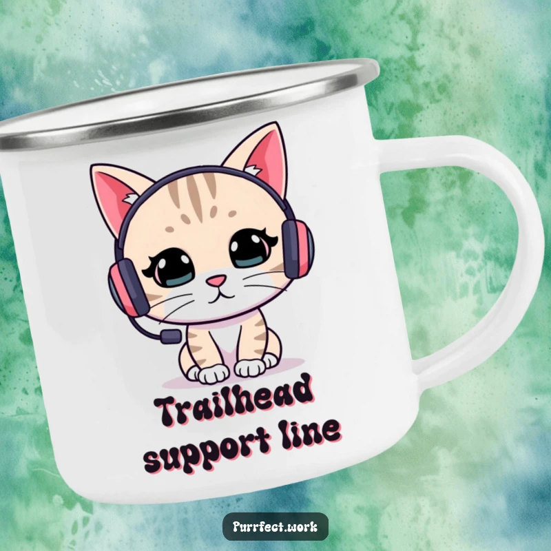 Funny cat gamer camping mug showing a focused cat wearing a headset, ready for adventures or intense gaming sessions, a humorous gift.