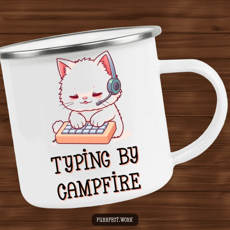 Funny cat wearing a headset and typing on a keyboard, printed on a durable camping mug. Humorous techie companion for adventurers.