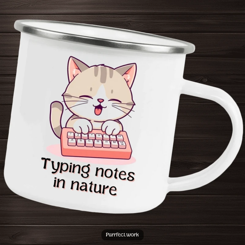 Funny busy cat camping mug, a cat typing furiously on a mini keyboard, durable for outdoor use.