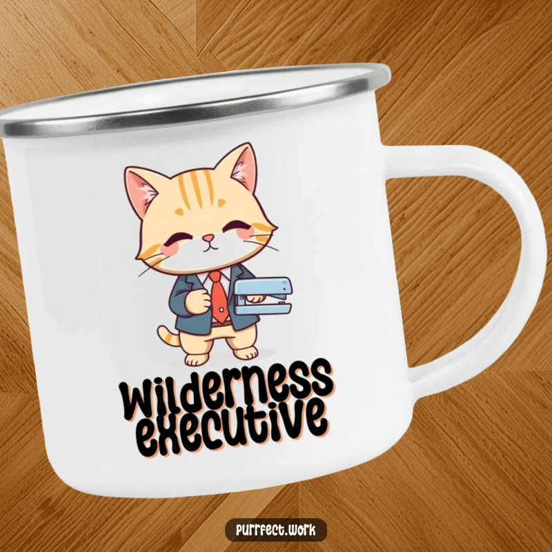 Funny enamel camping mug with a cat in a business suit using a stapler, designed for professionals who enjoy the outdoors.