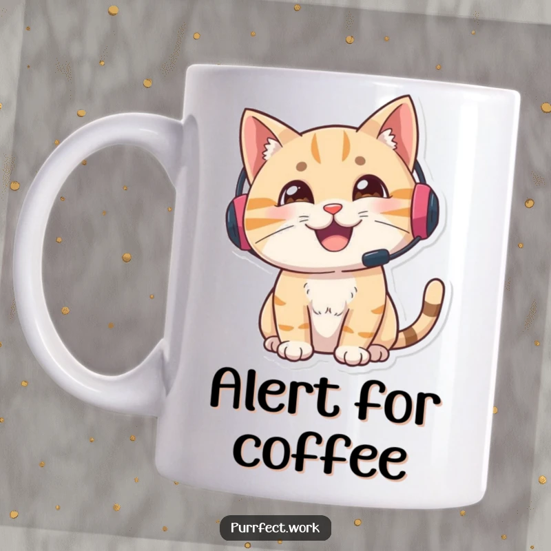 Funny gamer cat mug, a delighted cat with a headset looking alert and engaged, ready for action and humorous enjoyment.