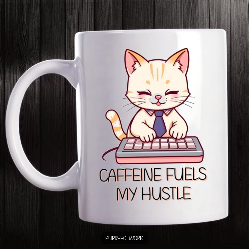 Funny cute cat wearing a tiny tie, furiously typing on a keyboard, a humorous mug for professionals and a funny gift.