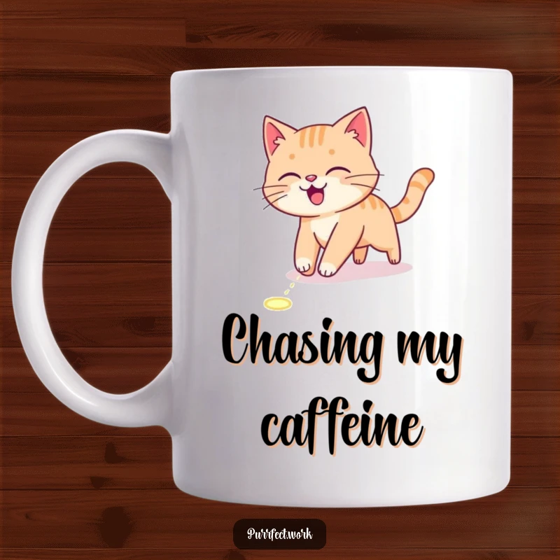 Funny Mug featuring an energetic cat comically chasing a laser pointer dot across the floor with intense focus.
