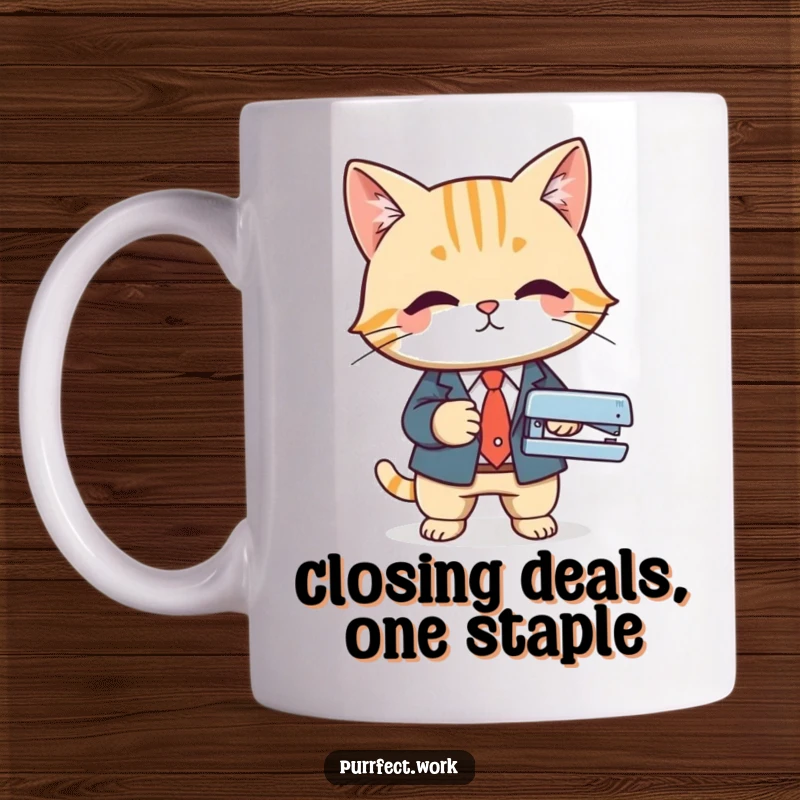 Funny coffee mug with a cat in a sharp business suit using a stapler, representing office professionalism and humor.