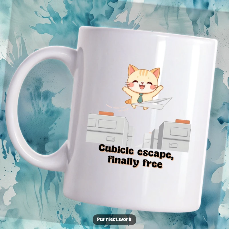 Funny mug with a joyful cat in a tie flying a paper airplane over office cubicles, embodying escape and humor.