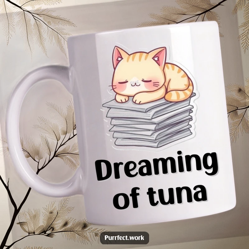 Funny Mug featuring a mischievous cat comfortably napping on a stack of papers, embodying cozy laziness.