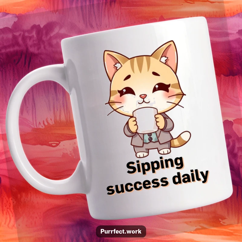 Funny Boss Cat Mug: A playful cat dressed in a suit confidently holds a coffee mug.
