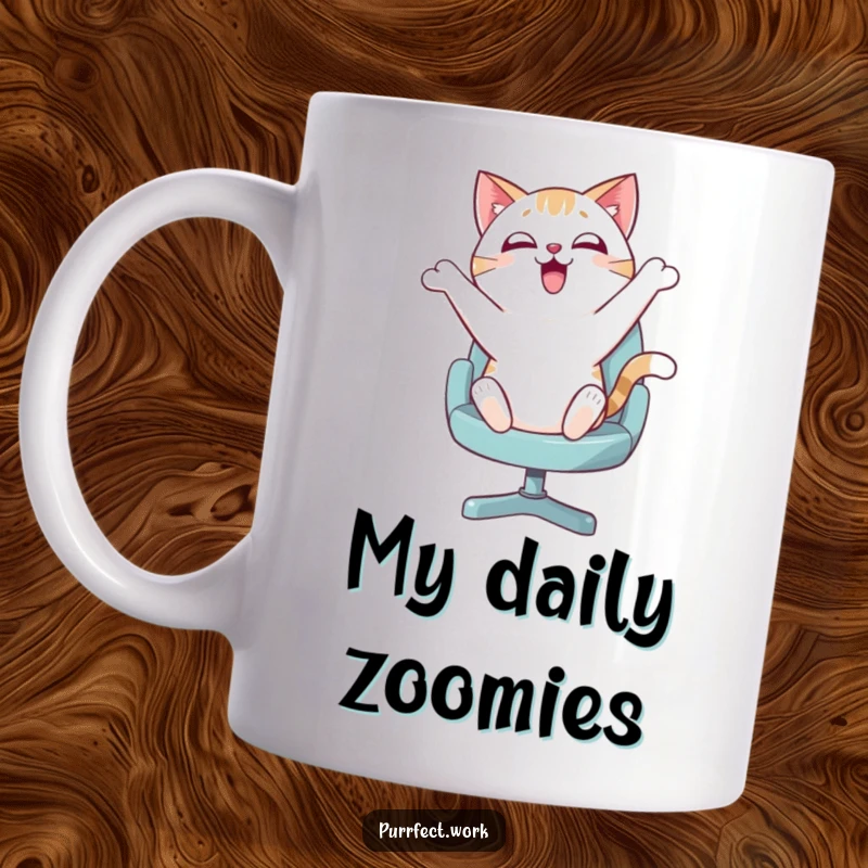 Funny mug showing an enthusiastic cat gleefully bouncing on a spinning office swivel chair, full of playful energy and joy.