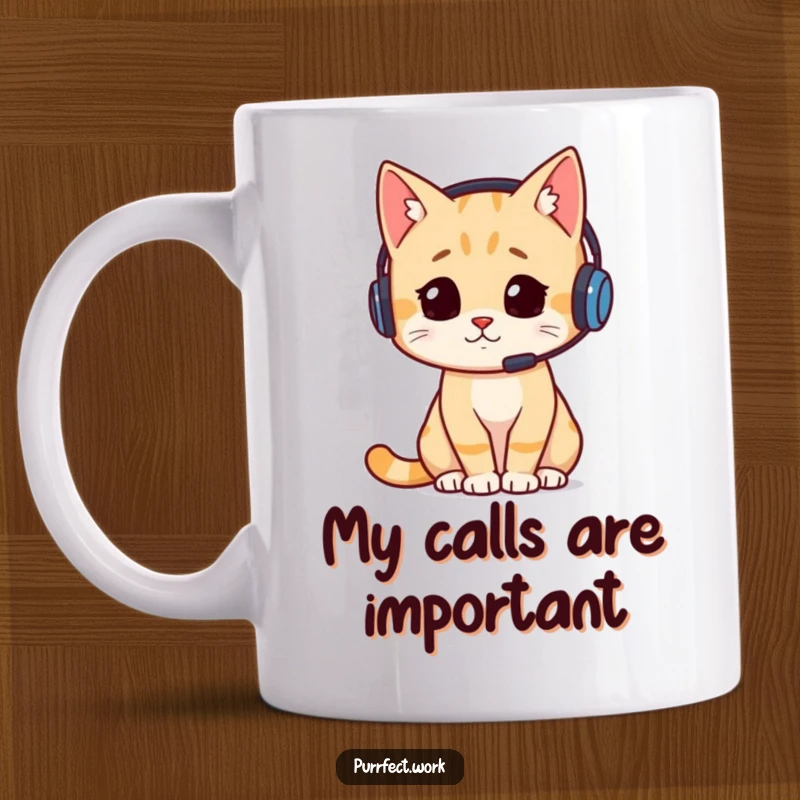 Funny coffee mug showing a determined cat wearing a headset, looking intently at a computer screen, embodying a busy work-from-home vibe.