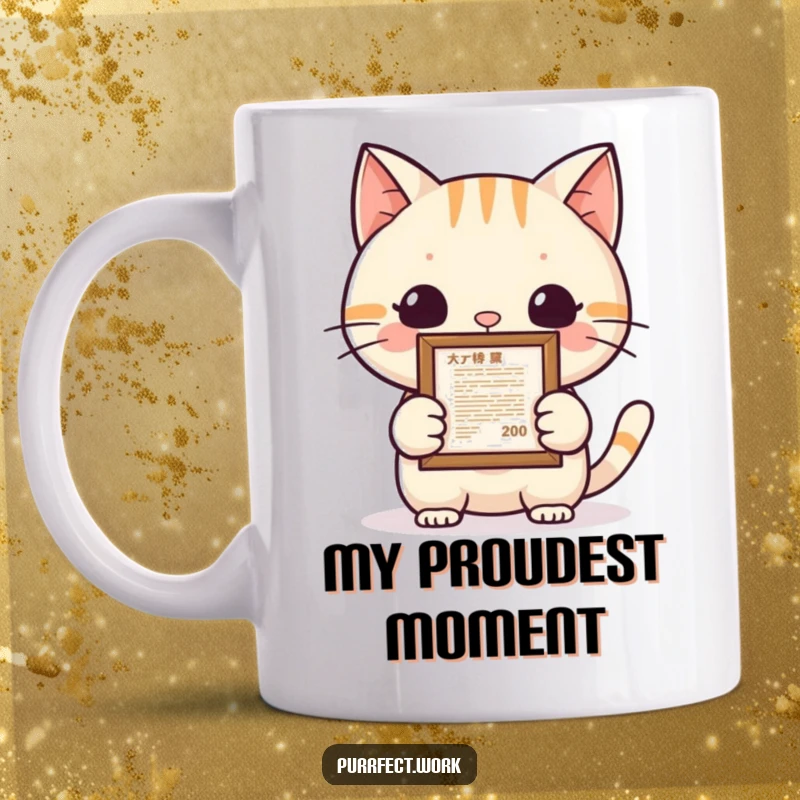 Funny cat achievement mug showing a proud cat displaying a small framed document, symbolizing accomplishment and success with humor.